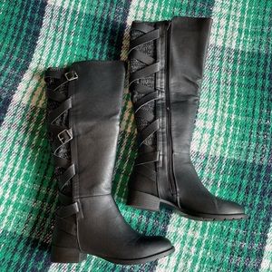 Knee High Cross Black Boots